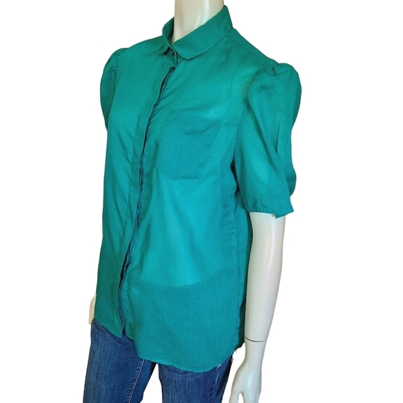 VINTAGE 80s Top Size Medium Semi Sheer Cotton Kelly Green Short Poof Sleeves - Picture 4 of 11